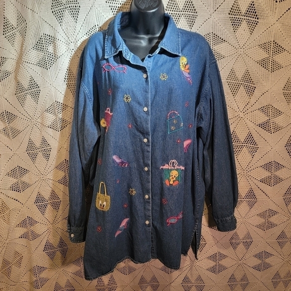 Warner Bros blue shacket with characters embroidered on front. - Picture 1 of 14